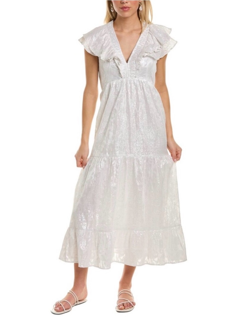 Roller Rabbit White Shimmer V-Neck Ruffle Tiered Maxi Dress